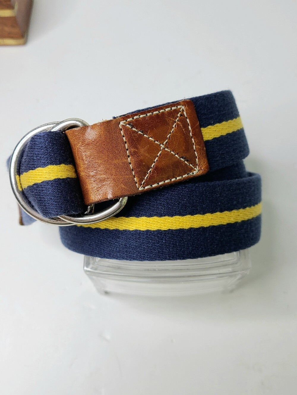 J. Crew D-Ring Made In USA Striped Cavas Genuine Leather Golf Belt